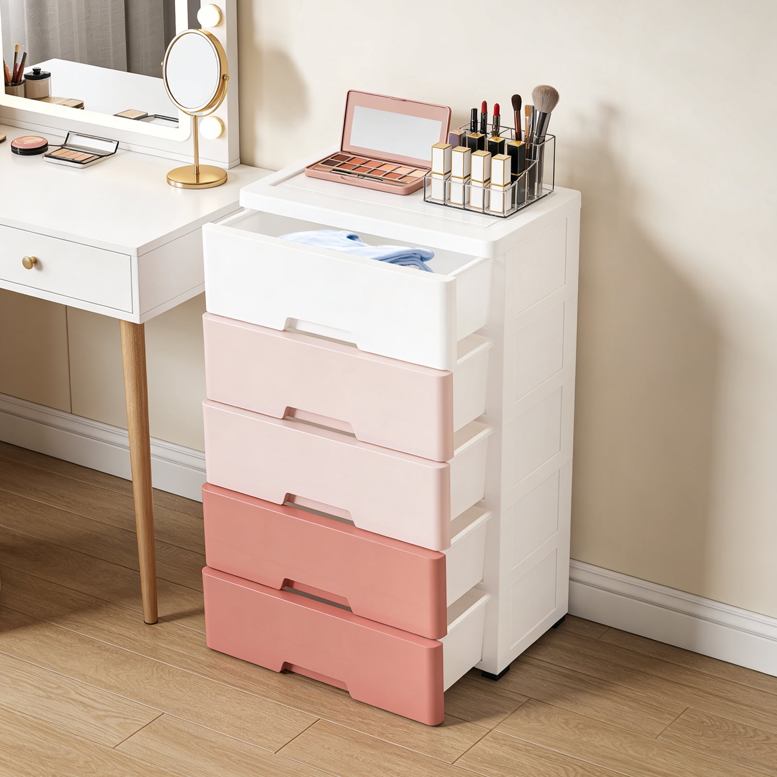 Plastic Drawers Dresser Storage Cabinet 5 Drawer Stackable Vertical Clothes Storage Tower, Bedroom Tall Small Chest Closet, Organizer Unit for Hallway Entryway Home (Pink)