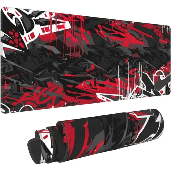 Black and Red Mouse Pad 31.5x11.8 XL Geometric Cool Anime Design Style Extended Mousepad Large Keyboard Mouse Mat Desk Pad with Non-Slip Rubber Base Stitched Edges for Home Office Game