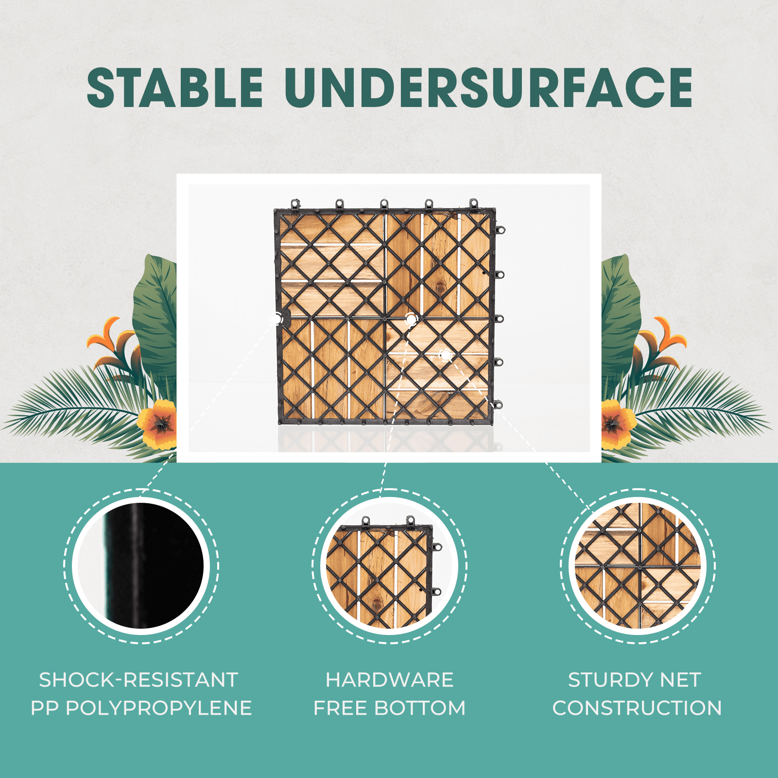 Interlocking Deck Tiles - 10 Pieces Waterproof Acacia Wood Patio Tiles, Flooring Tiles for Both Indoor and Outdoor - Decking 12 Slats, Golden Teak, 12 x 12 x 0.9 inches