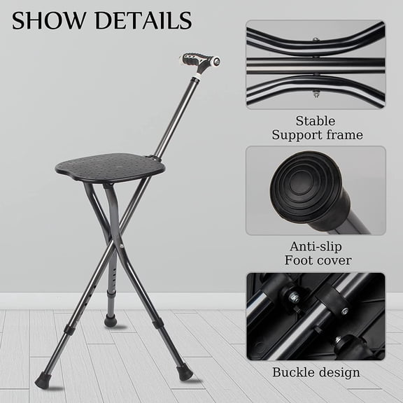 Hold 440 lbs Folding Canes with Seat Walking Stick Height Adjustment Cane Seat Capacity Frosted Handle with Magnetic Therapy Stone Crutches Stool