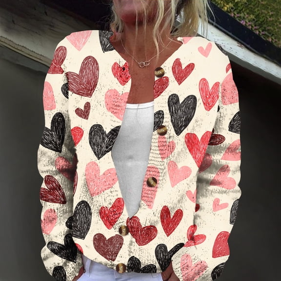 Women Love Heart Pattern Sweaters Y2K Button Down Long Sleeve Knit Outerwear Cardigan Spring Valentine's Day Tops