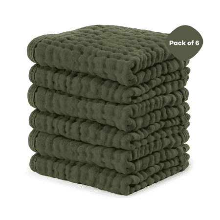 Comfy Cubs Baby Washcloths Muslin Cotton Baby Towels Large 10"x10" Wash Cloths (Kelp Pack of 6)