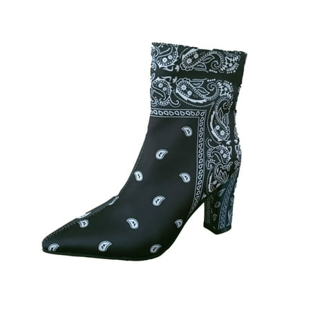 

jsaierl Women s Shoes Large Size High-heeled Satin Cloth Printed Pointed Toe Thick-heeled Ethnic Style Boots