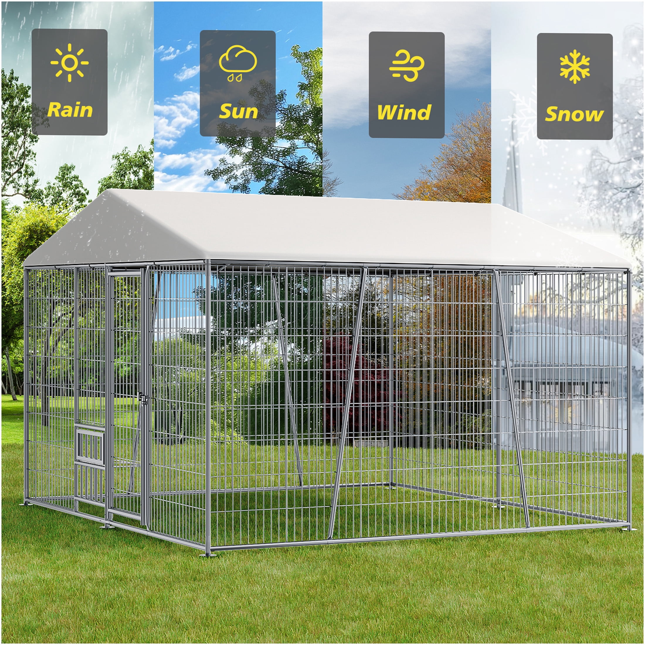 JERFIT 10x10ft Outdoor Metal Dog Kennel with Roof & Feeding Bowl, Heavy Duty Steel Wire Pet Cage Playpen for Large Dogs