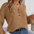 thumbnail image 4 of JGGSPWM Solid Sweaters for Womens Classic Tops Fall Jumper Button Up Hollow Knit Sweater V Neck Long Sleeve Pullover Khaki M, 4 of 9