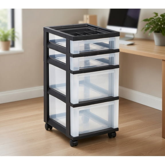 Rolling Plastic Storage Cart with 4 Drawers and Organizer Top, Black Frame