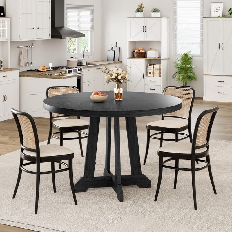 TROPOW Round Dining Table, 47 Inch Dining Table for 4-6, Farmhouse Kitchen Table with Wood Pedestal Cross Base, Thick 1.2'' Tabletop 300LB, Adjustable Feet