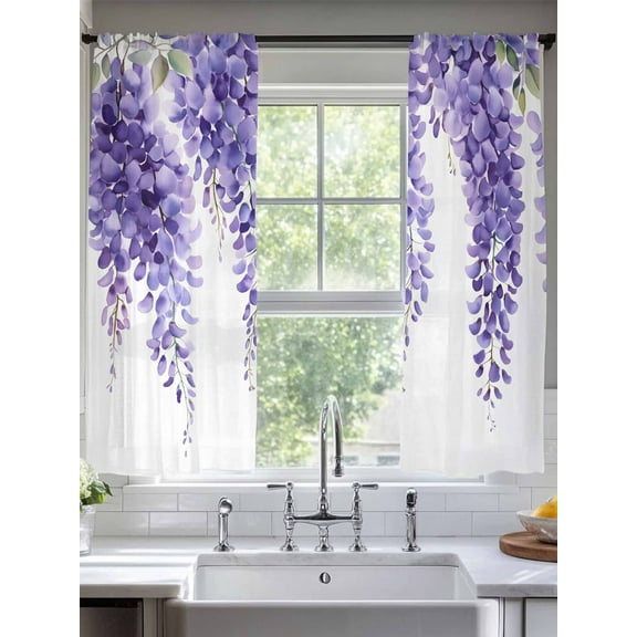 Purple Watercolor Leaves Sheer Curtains for Living Room Bedroom Spring Eucalyptus Botanical Sheer Curtains 72 Inch Long 2 Panels Set Light Filtering Curtain Window Treatments Drapes for Dining Room