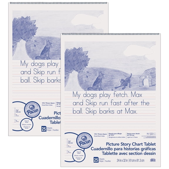 Pacon Picture Story Chart Tablet, White, Ruled Short, 1-1/2" Ruled, 24" x 32", 25 Sheets, Pack of 2