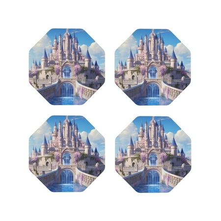 

Honeii Majestic Fantasy Castle Print Leather Coaster Set of 4 Ideal for Safeguarding Your Furniture from Drinks Spills and Effortless Cleanup-Octagon
