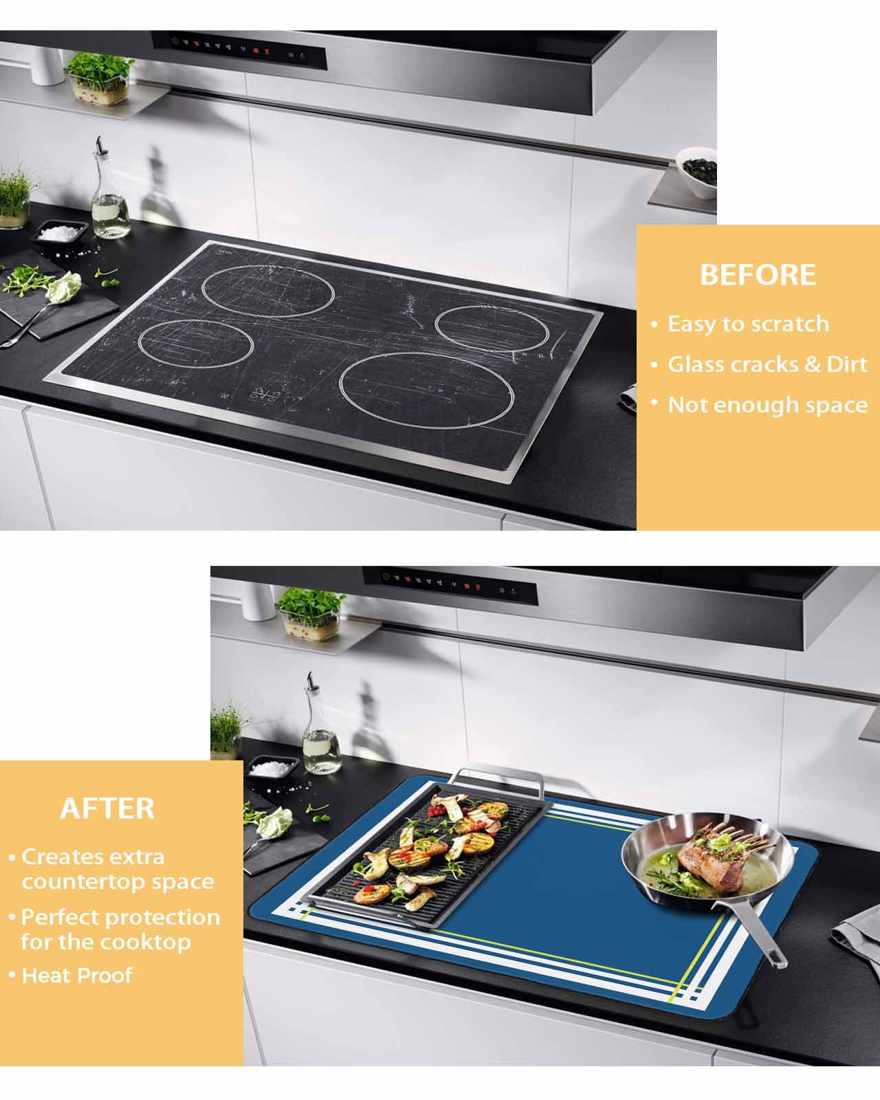nqOlkjepod Large Induction Cooktop Protector Mat 24"x21", Navy Blue Line Stove Top Covers for Electric Stove, Farmhouse Simple Blue Striped Decorative Stove Burner Cover Mats, Glass Top Stove Cover