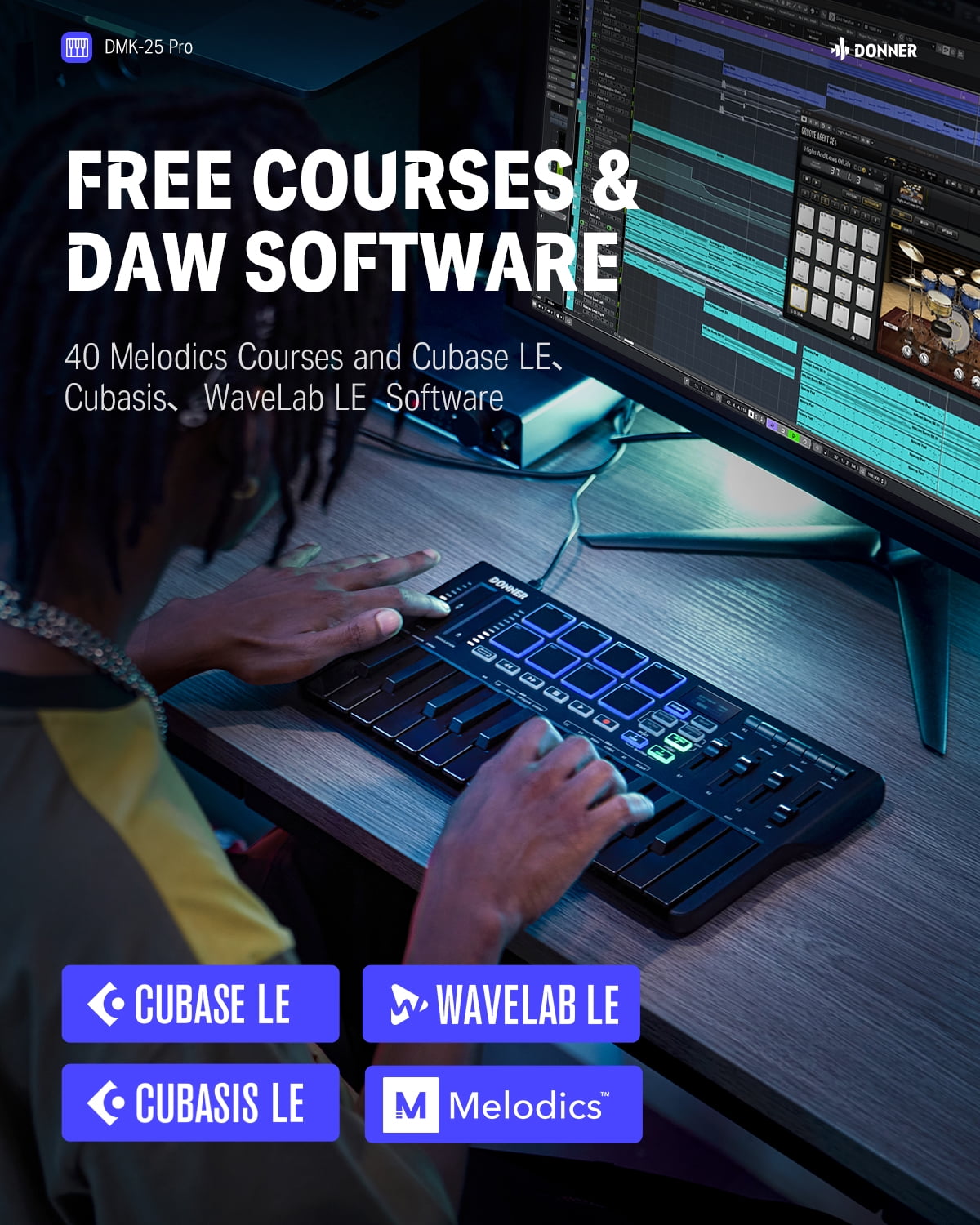Donner DMK 25 Pro MIDI Keyboard Controller, 25 Key Portable MIDI with 8 Backlit Drum, OLED Screen Display,  with 40 Free Courses, Melodics, Black