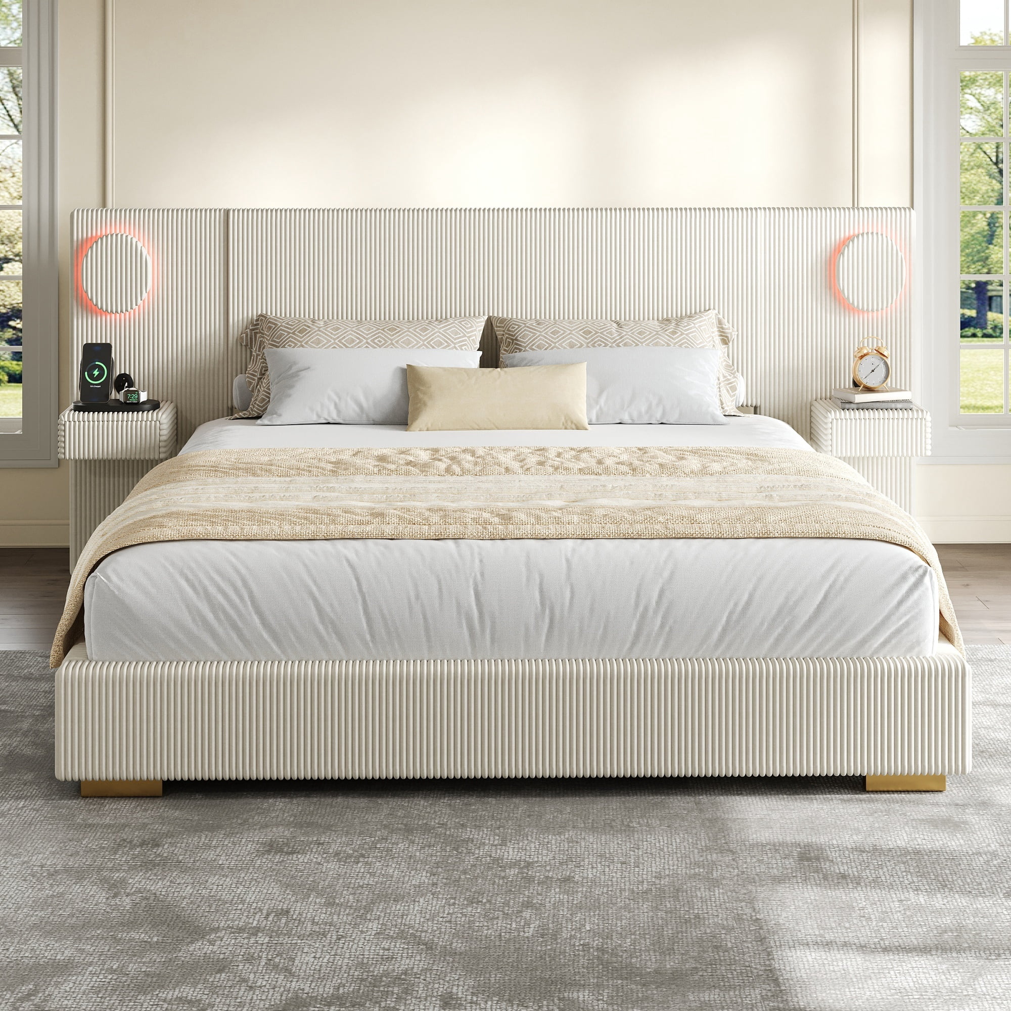 Euroco Upholstery King Size Platform Bed with LED Light and Drawers, High Headboard Design with Bedside Tables and USB Ports, No Box Spring Needed, Beige