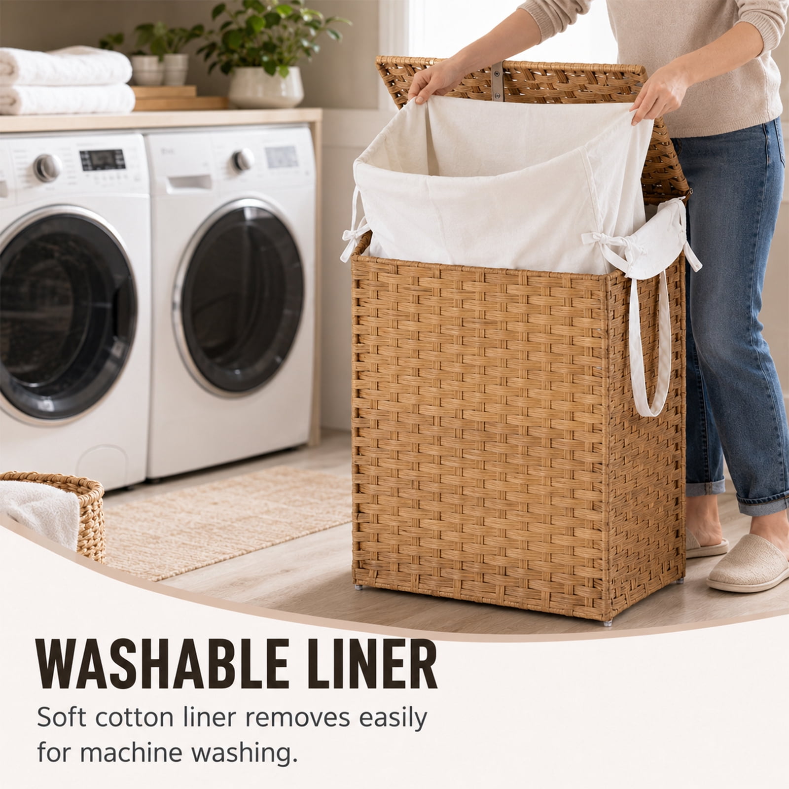 Alvantor 90L/110L Laundry Hamper with Lid, No Install Needed, Synthetic Rattan Clothes Laundry Basket with Lid and Handles, Foldable, Removable Liner, with Handles