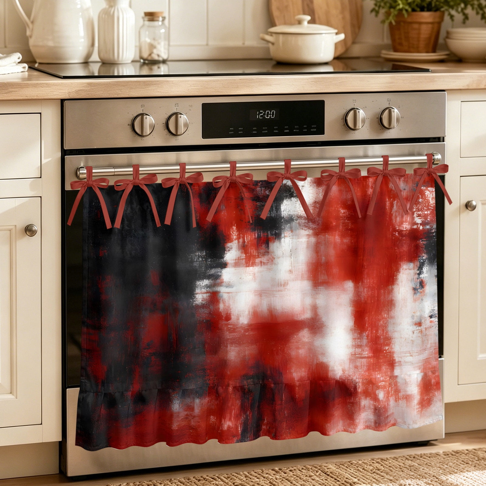 Retro Black Red Oven Skirt for Farmhouse Kitchen D&eacute;cor Abstract Bohemia Minimalist Aesthetic Art Oven Curtain Tie Top Decorative Stove Skirt Cabinet Dish Washer Curtains with 8 Ribbon Ties 32 x24
