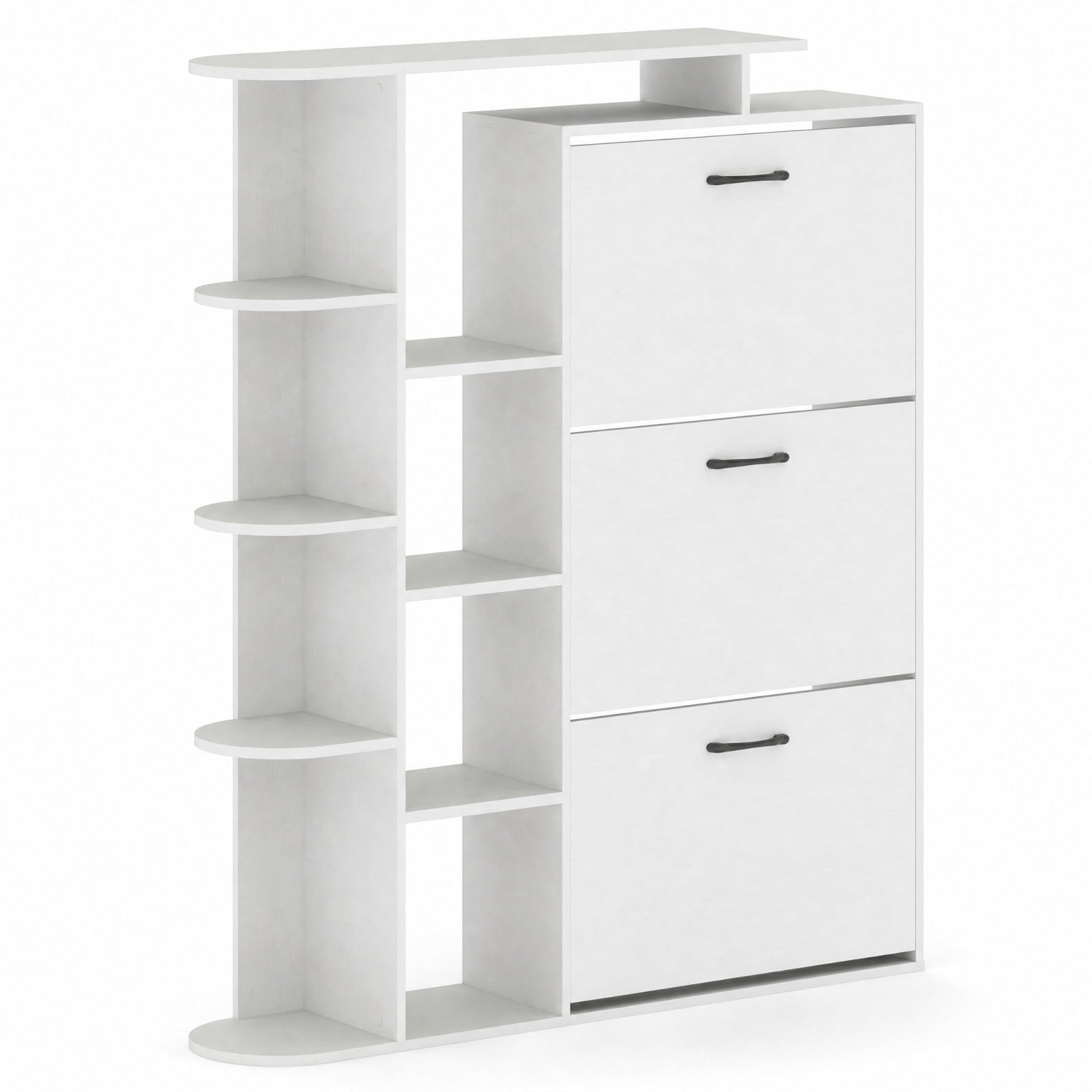Furnibear Tall Shoe Cabinet with Open Shelves and 3 Flip Drawers Modern Freestanding Shoe Storage Organizer for Entryway Hallway, White