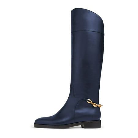 FSJ Women Classic Knee High Riding Flats Booties Round Closed Toe Back Gold Tone Chain Wide Calf Stacked Low Heel Pull On Shoes Size 4 Blue