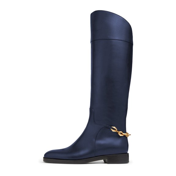 FSJ Women Classic Knee High Riding Boots Round Closed Toe Back Gold Tone Chain Wide Calf Flat Low Heel Size 8 Blue