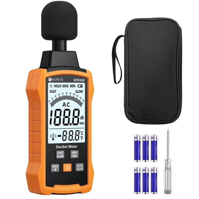 Neoteck 30-130dB Decibel Meter with A/C Weighted Digital Sound Level Meter with MAX/MIN Fast/Slow Response Rate Portable Backlight SPL Mete