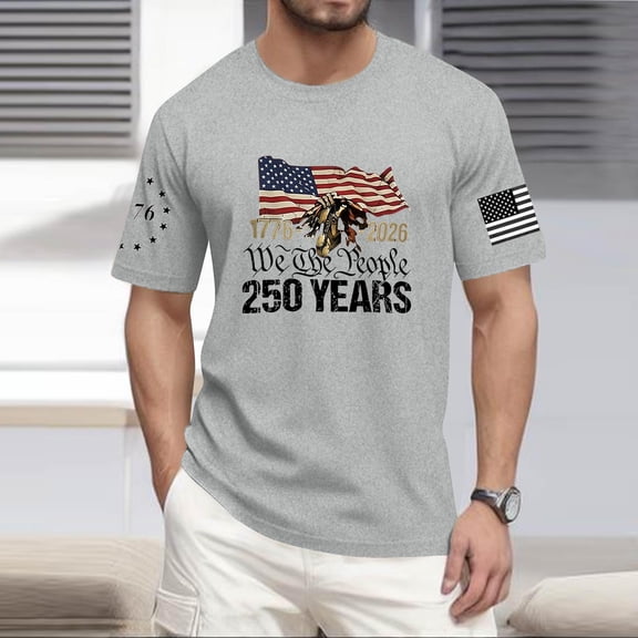 ASDFVBKG American 250th Anniversary Shirts Men's Crew Neck American Flag Short Sleeve Tee Patriotic Casual Independence Day Themed Loose Shirts Light Gray 4XL