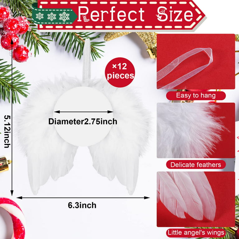 Kigley 96 Pcs Angel Christmas White Soft Wings Ornament Round Acrylic  Sublimation Blanks Feather Hanging Decor with 48 Mini Bows for Christmas  Tree