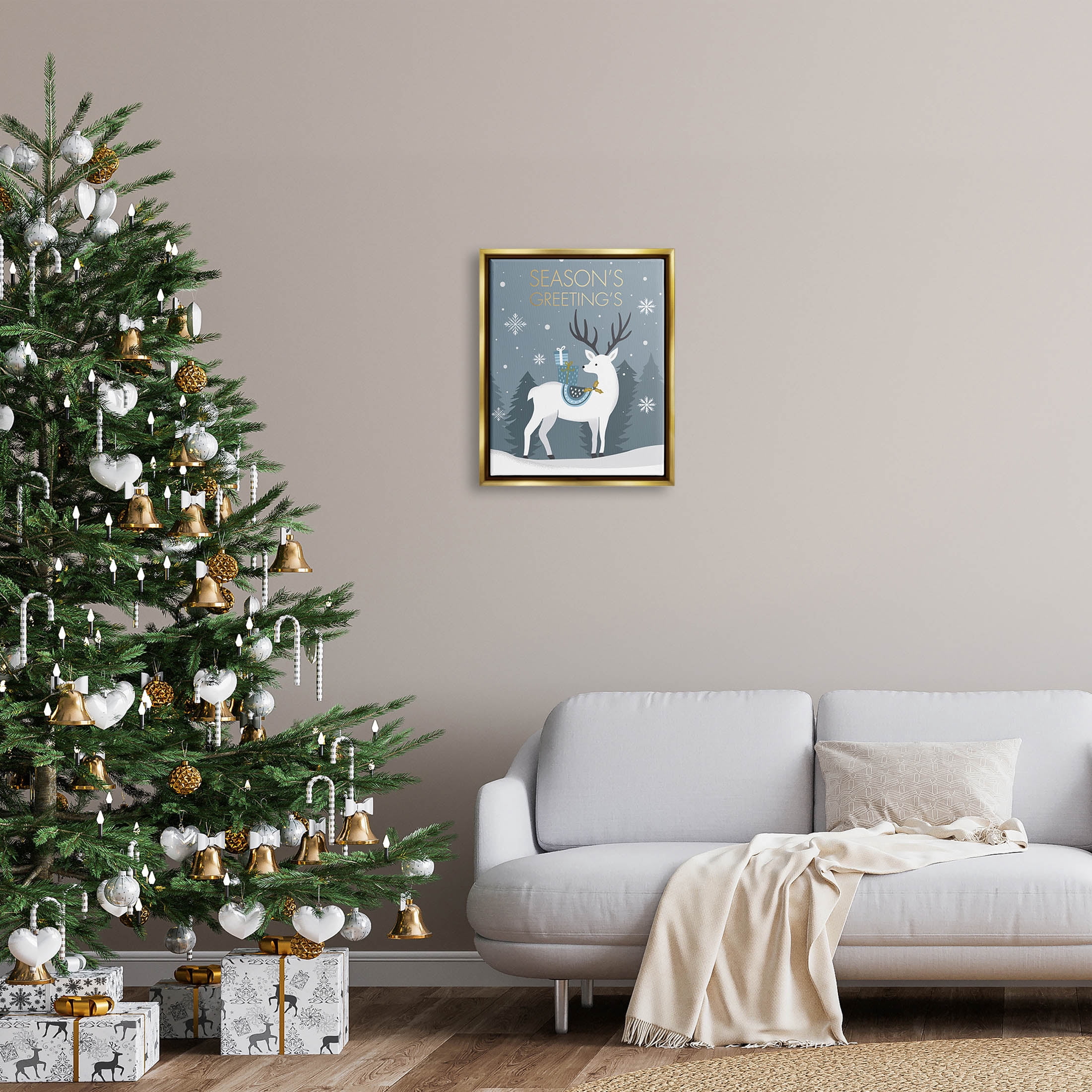 Stupell Industries Season's Greetings Holiday Reindeer Graphic Art Metallic Gold Floating Framed Canvas Print Wall Art, Design by Louise Allen Designs