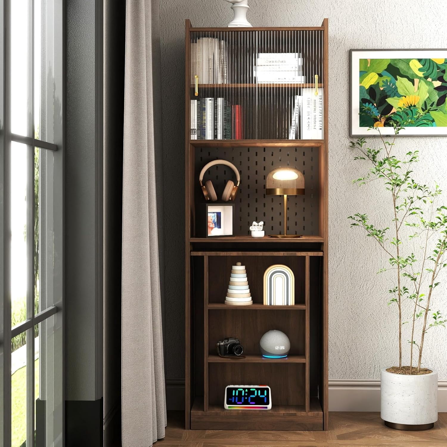 I Folding Home Office Desks with Pegboard, Glass Doors, Bookshelf & Storage Shelves, Modern Wooden Computer Table Workstation for Work, Study, Writin
