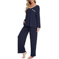 thumbnail image 4 of INSPIRE CHIC Women's Pajama Set Soft Modal Contrast Color Long Sleeve Shirt and Pants Sleepwear 2pcs L Navy, 4 of 5