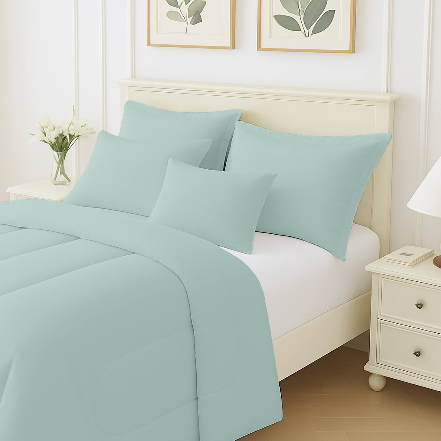 Beddora Ensemble de Lit 5 Pcs – Comprend une Couette, 2 Taies d'Oreiller, un Coussin Décoratif et un Coussin Carré – Ultra-Doux, Toutes Saisons, Grand – Blanc Éclatant