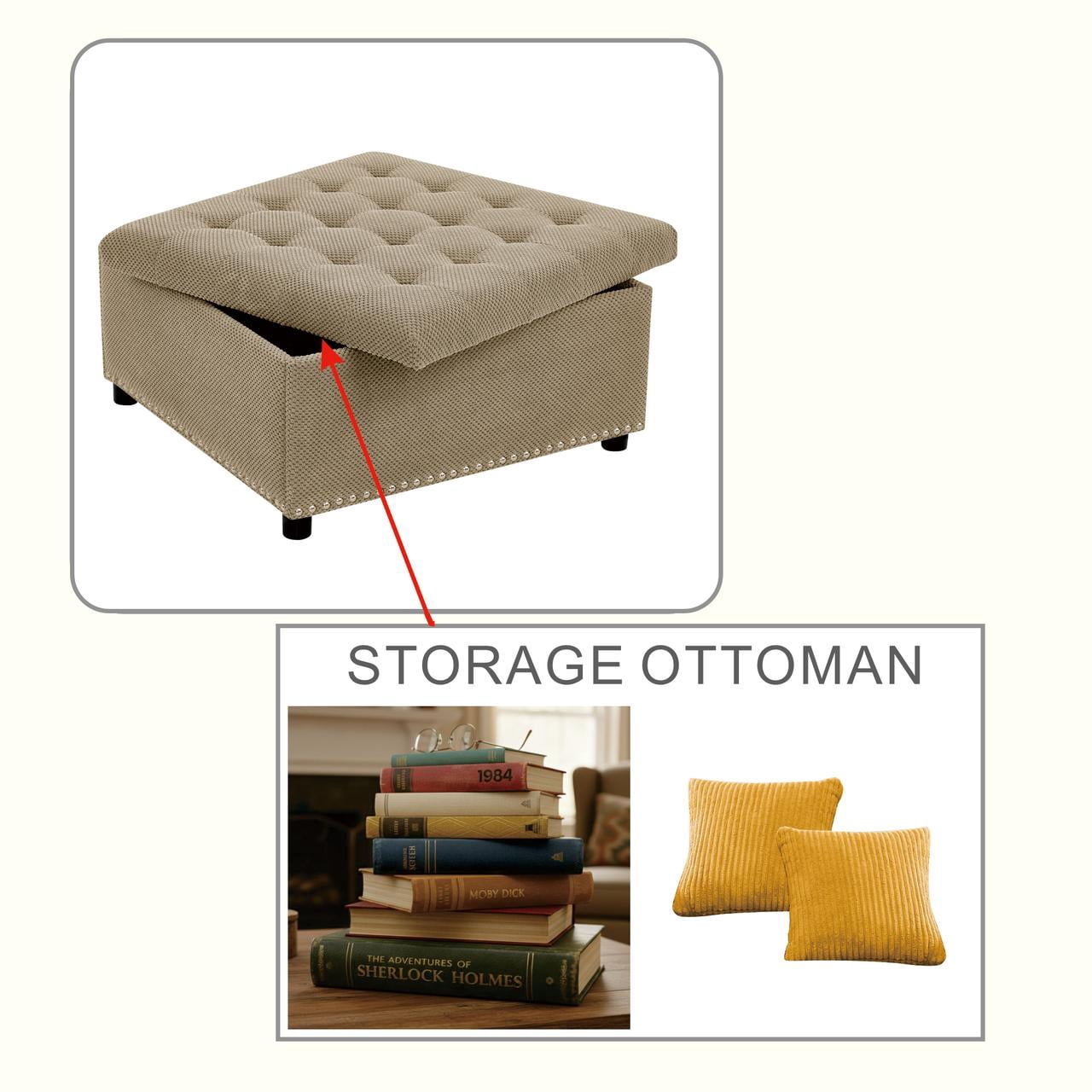 Tufted Storage Ottoman with Nailhead Trim, Square Footstool with Hidden Storage Compartment, Upholstered Coffee Table for Living Room, Bedroom, Camel