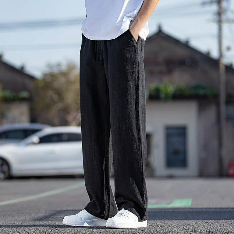 Mortilo linen pants men,Linen Straight Leg Pants New Solid Trend Men'S  Casual Pants casual pants for men Black M