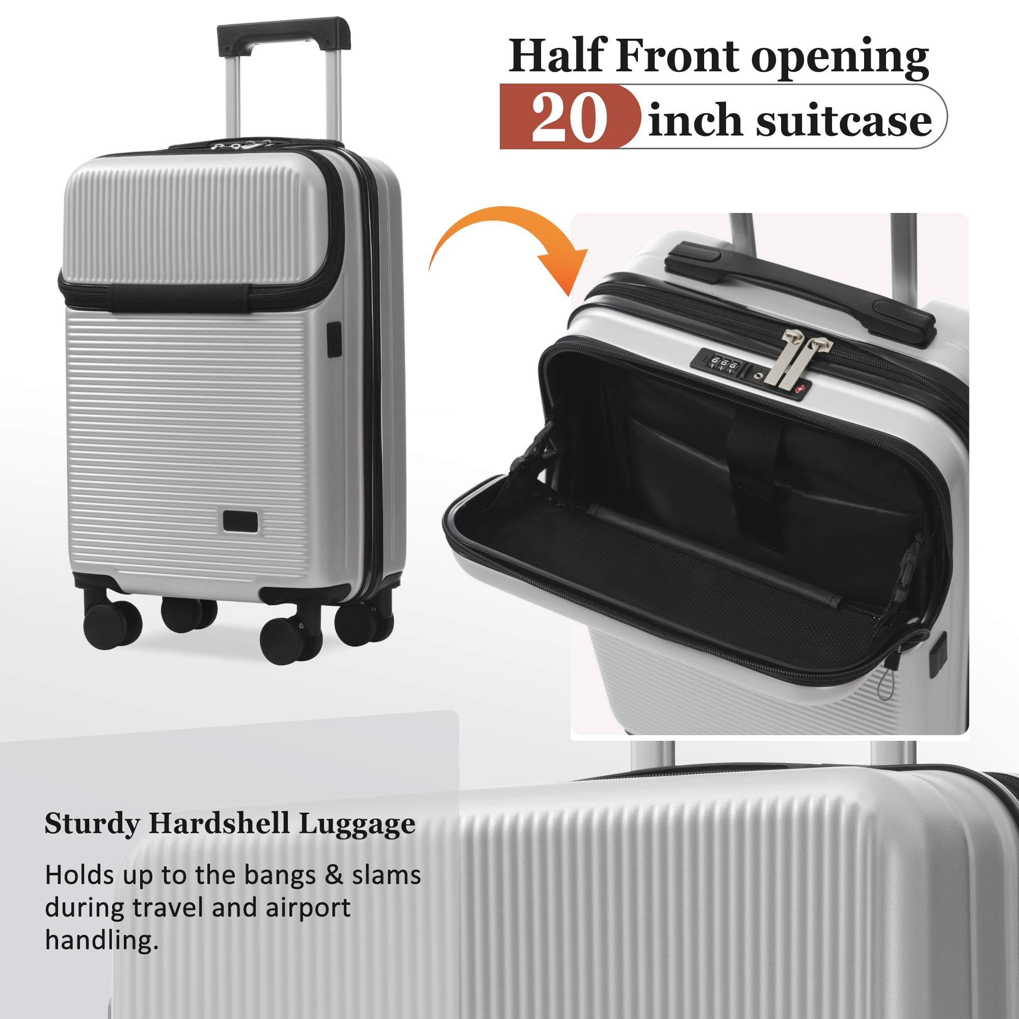 Euroco 5 Piece Luggage Sets, 20" Carry-On Luggage with Half-Opening & USB Port, 20/24/28inch Lightweight Travel Suitcase Set with TSA Lock, Double Spinner Wheels & 2 Travel Duffel Bags,Silver