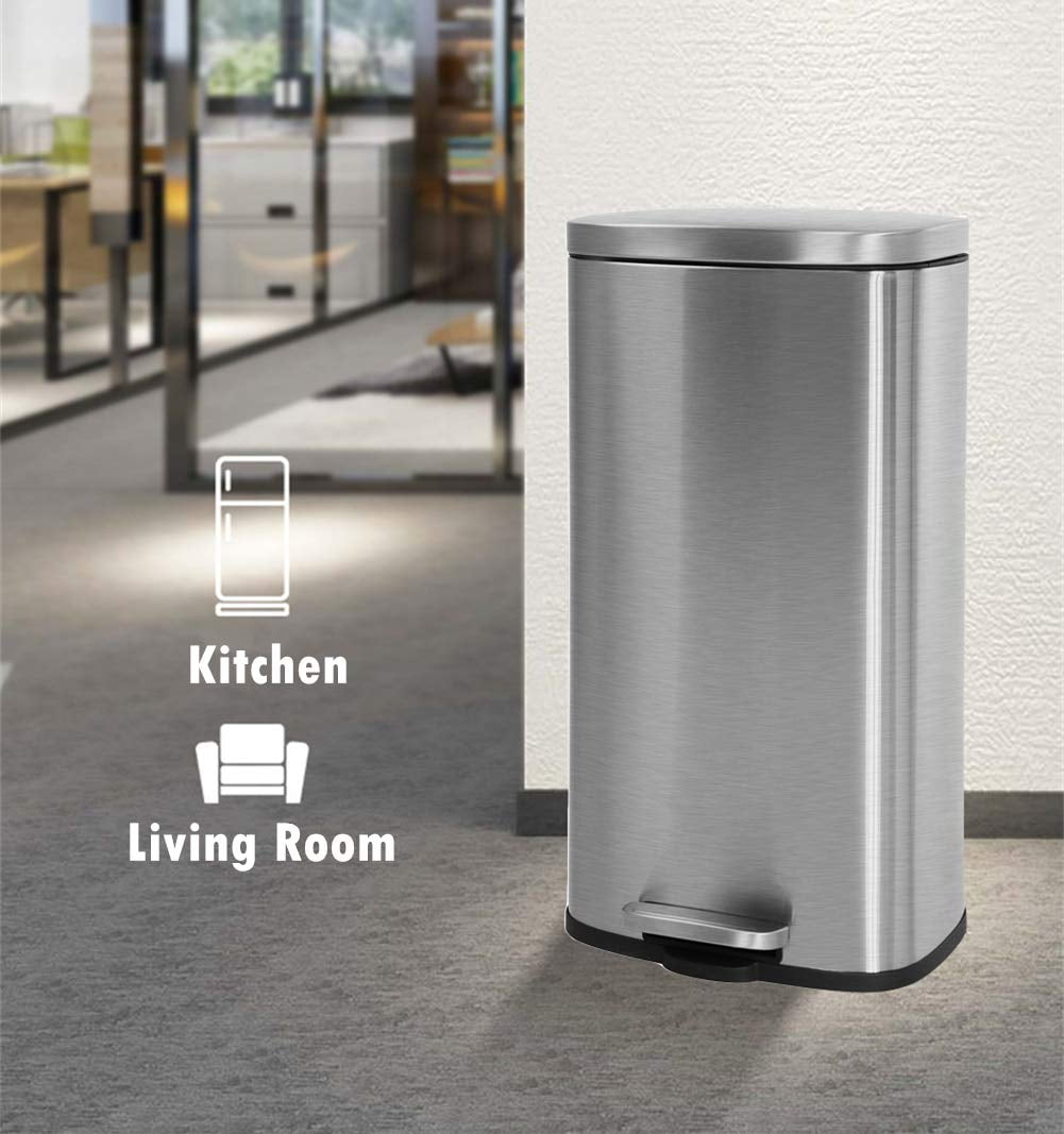 8 Gallon/30 L Kitchen Step Trash Can with Lid Brushed Stainless Steel Garbage Can with Plastic Inner Bucket Metal Pedal Waste Bin, Silver