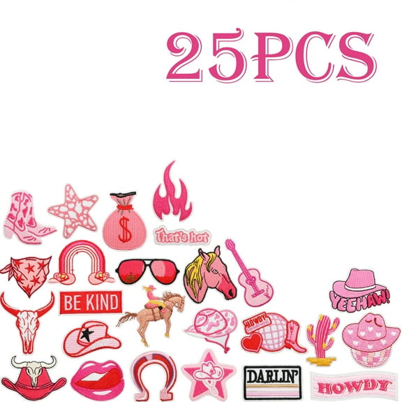 25pcs Western Iron On Patches Random Assorted Styles Pink Theme Iron On Patches For Girls Western Cowgirl DIY Sew Applique Repair Patch Cute Sew On Patches For Clothing Jacket Jeans Pants Dress