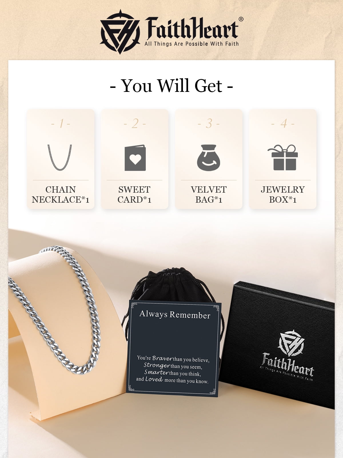 FaithHeart Cuban Link Chain Necklace for Men Stainless Steel Silver Jewelry Gift with Card Always Remember for Brother Friends Birthday Christmas Thanksgiving 7mm 20"