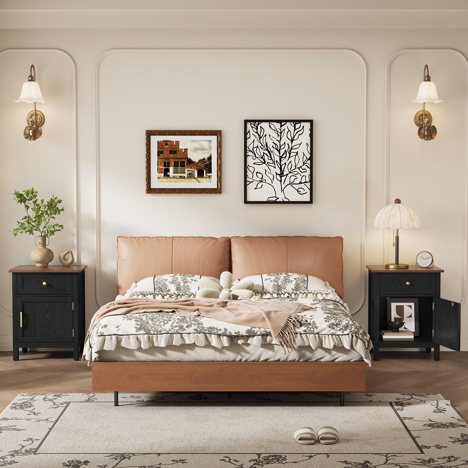 HLR 19" Farmhouse Nightstands Set of 2 with Drawer and Door, Wood Bedside Table End Table for Bedroom, Black