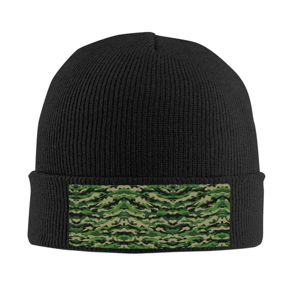 Green Camouflage Winter Beanie Hats for Men Women Warm Cozy Knitted Cuffed Skull Cap Black