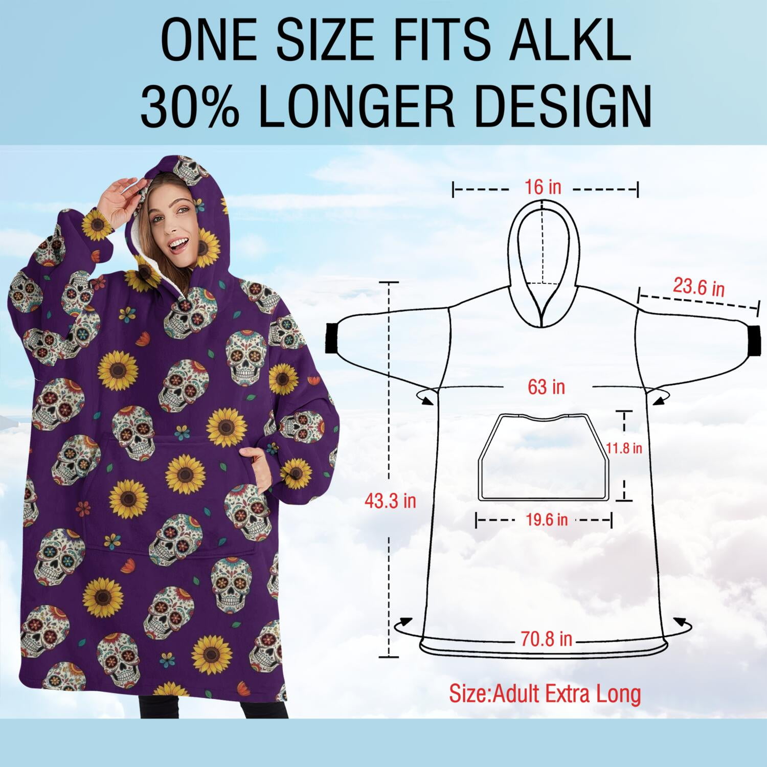 Oversized Wearable Blanket Hoodie,Purple Skull Sunflower Pattern Sherpa Blanket Hoodie with Super Pockets,Super Warm Fuzzy Pullover for Women & Men
