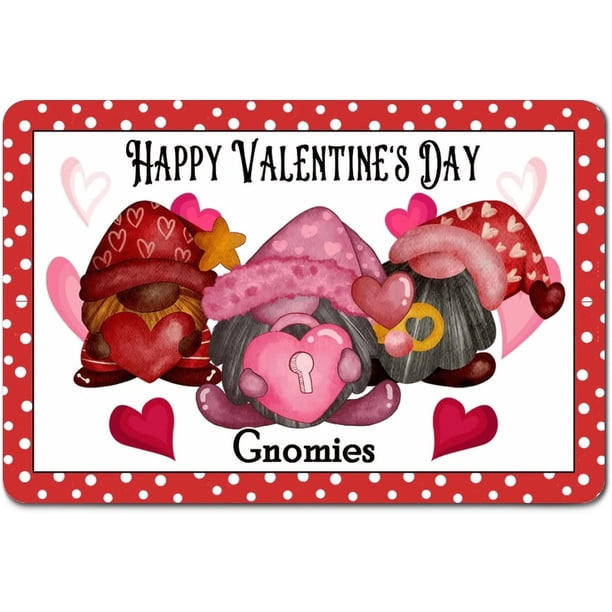 Letreros metálicos retro "Feliz Día de San Valentín, gnomos con corazón", placa de metal de 8 x 12