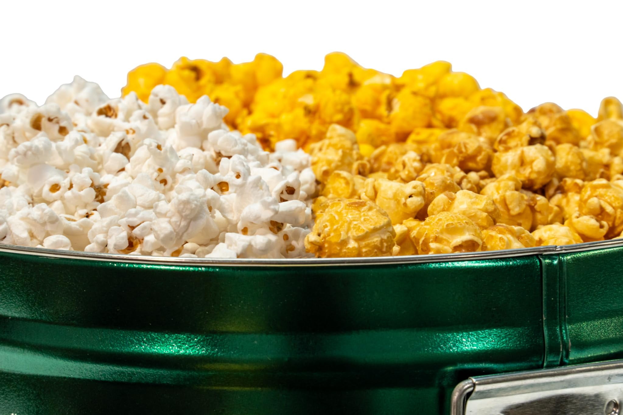 Colby Ridge 3 Way Football Popcorn Tin - White, Caramel, and Cheese Gourmet Craft Popped Gluten Free (3 Gallon - Broncos)