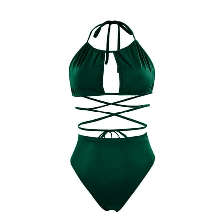 Womens 2 Piece Swimsuits Solid Color Lace Up High Waist Backless Bikini Green Womens Bathing Suits XXXXXL