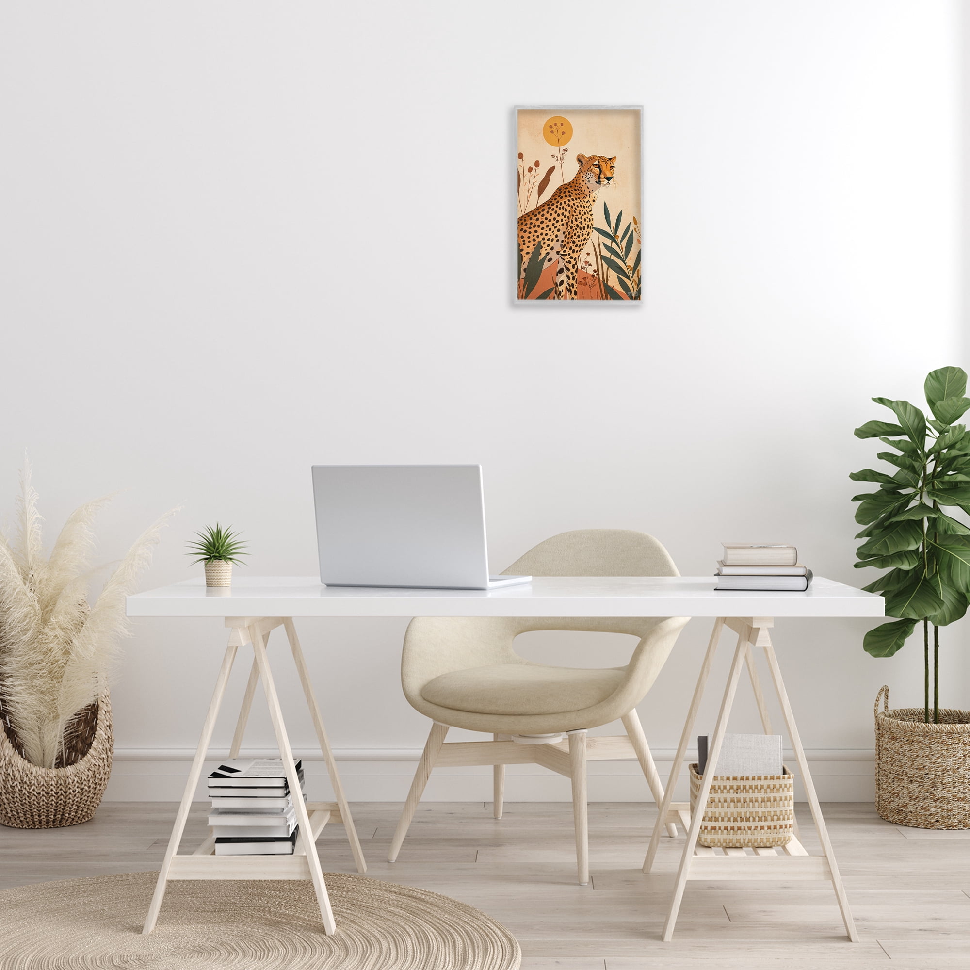 Stupell Industries Cheetah & Boho Plants Animals & Insects Painting Gray Framed Art Print Wall Art, 12 x 18