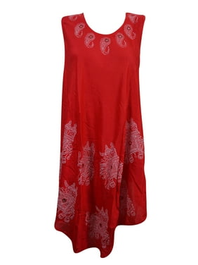 Mogul Womens Red Tank Dress Sleeveless Round Neck Summer Style Evening Kaftan Tunic Beach Resort Short Dresses