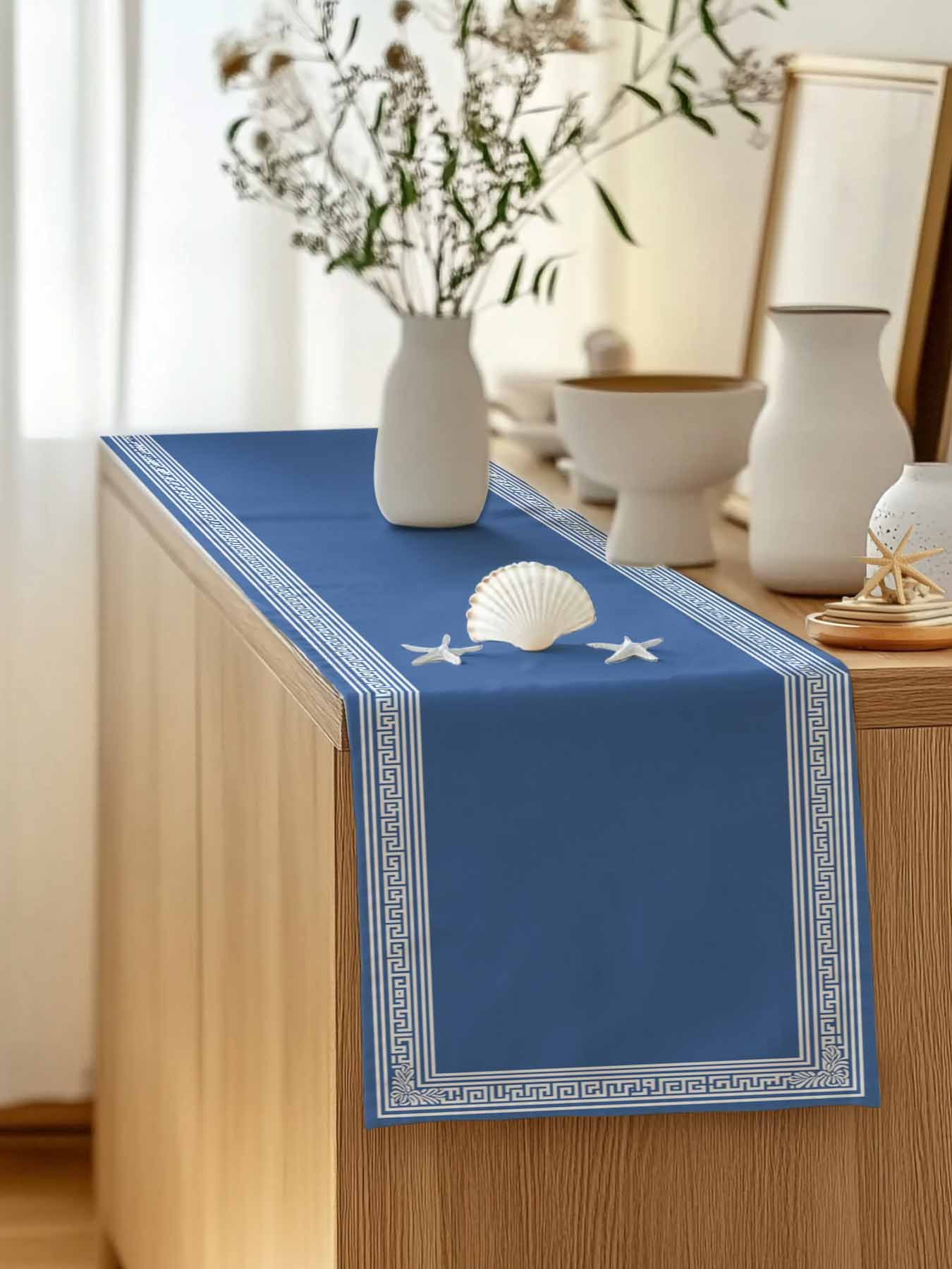 Table Runner 120 Inches Long for Kitchen Dining, Blue Geometric Dresser Scarf Farmhouse, Dining Table Decorations for Wedding/Parties, White Greek Key Design Abstract Modern Art 13 x 120 In