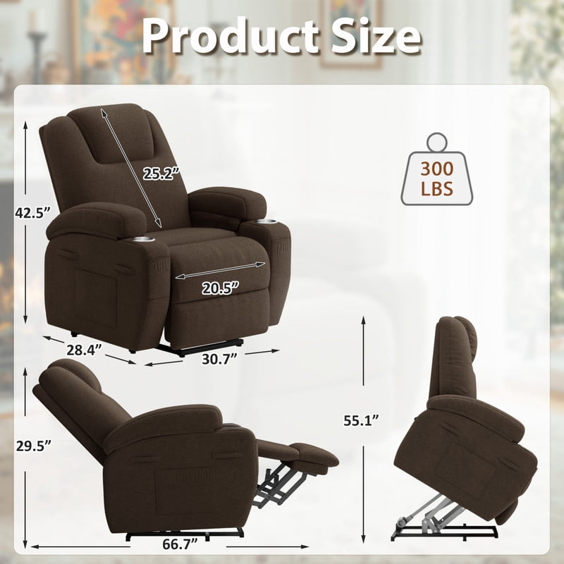 Lacoo Power Lift Recliner Chair with Massage Ergonomic Chair for Elderly with Infinite Position Side Pocket, Linen Brown