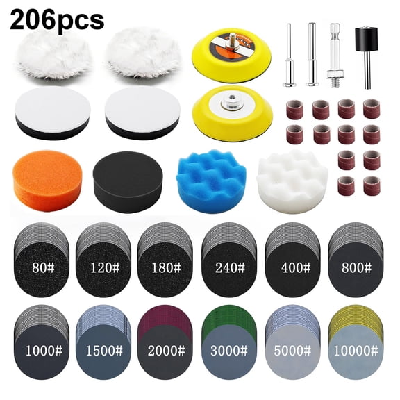 206 PCS Sanding Disc Car Polishing Kit Drill Sanding Attachment, 3 Inch Wet Dry Headlight Restoration Kit,Hook and Loop Sandpaper Buffing Pads for Car, Wood, Metal Polishing