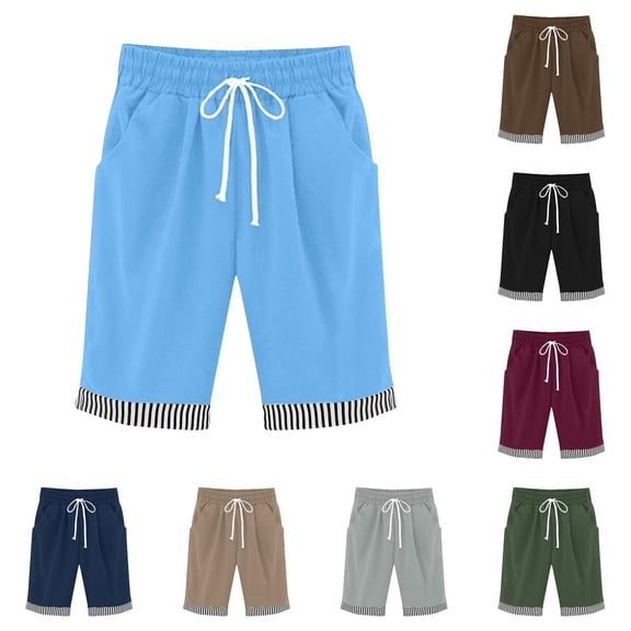 DHFJKG Linen Shorts For Women Casual Summer Patchwork Striped Relaxed Fit Straight Leg Loungewear Drawstring Shorts Soft Bottoms