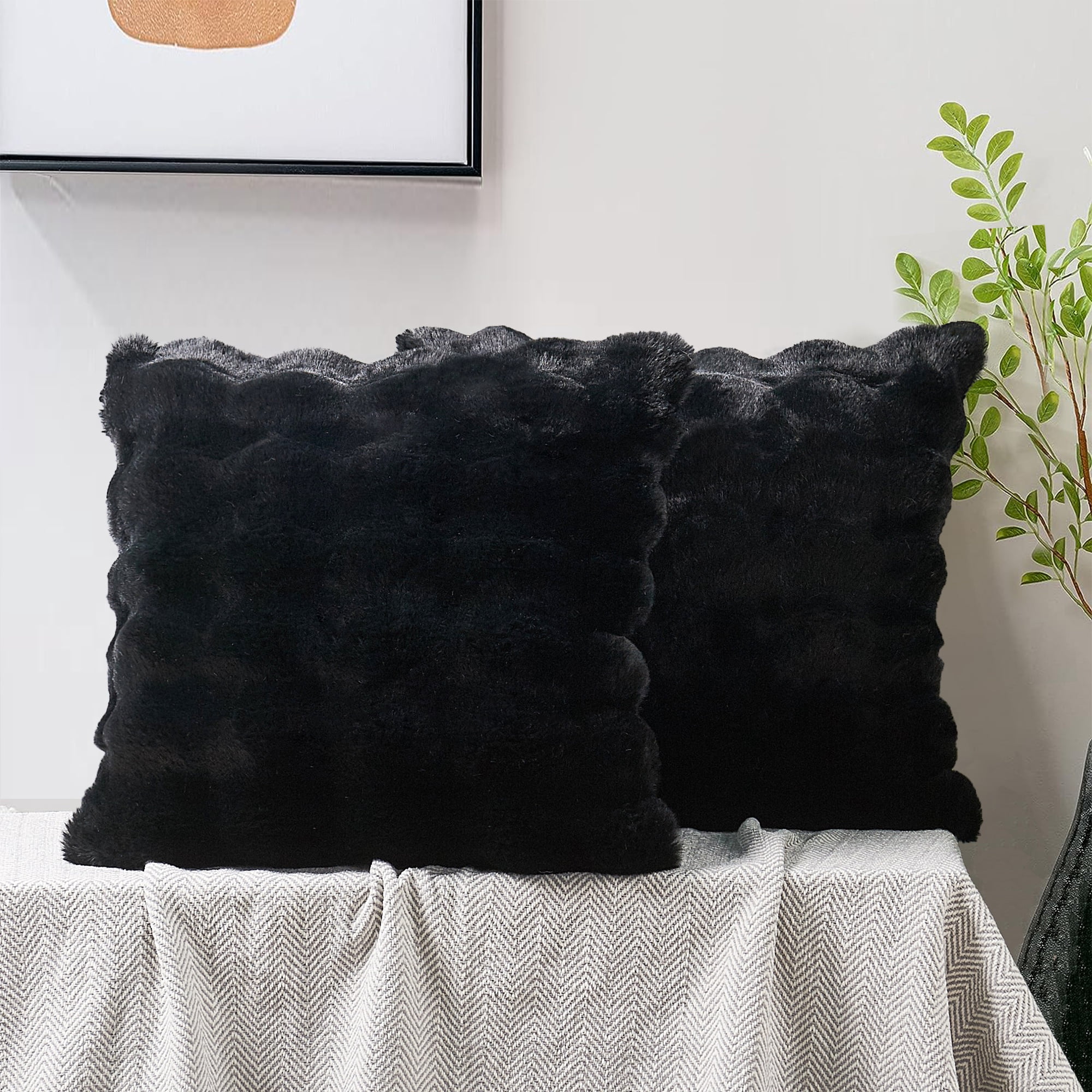 Home Soft Things Bubble Textured Faux Fur Pillow Covers, Set of 2, 20"x20", Black
