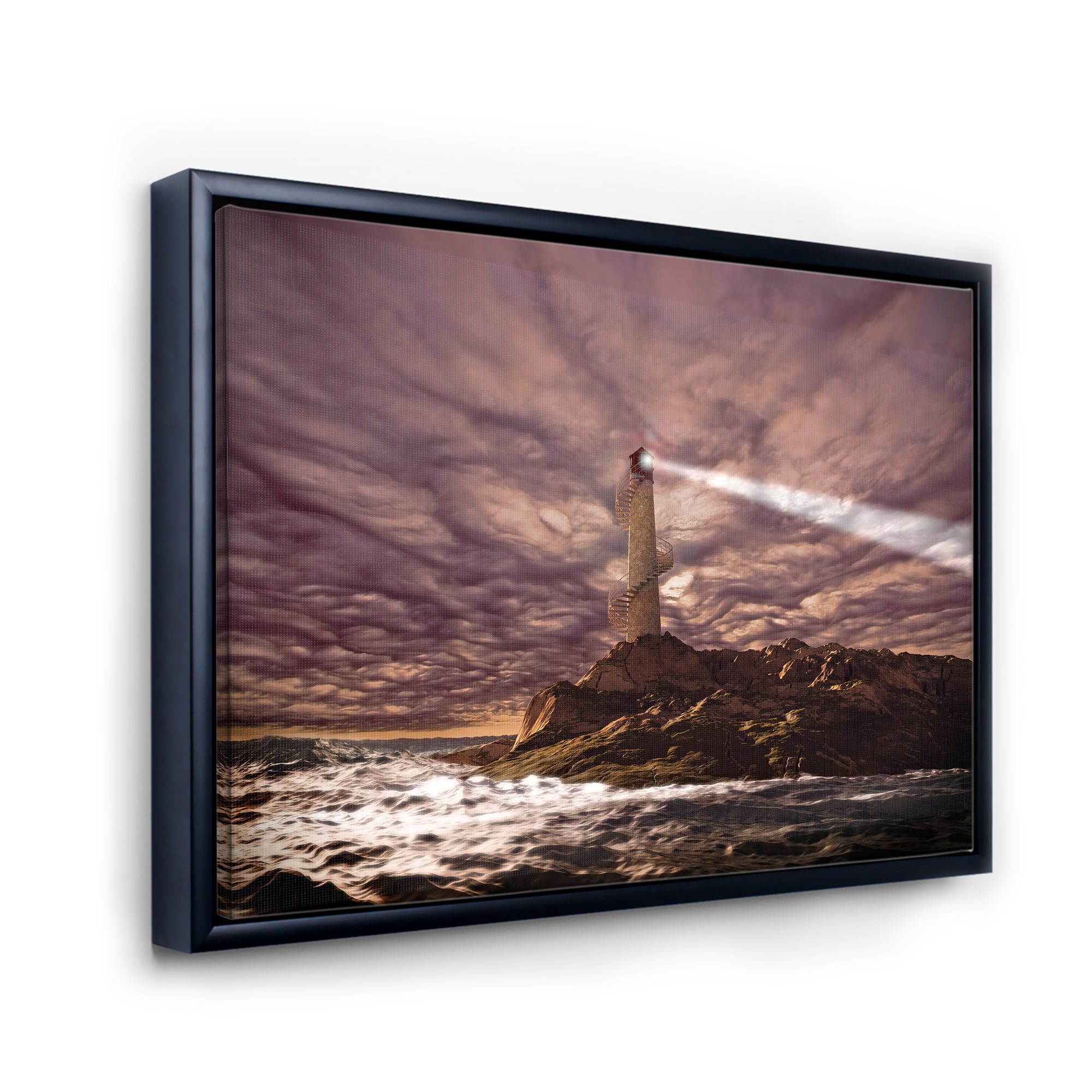 Designart 'Lighthouse Shining Light During Stormy Clouds Night I' Nautical & Coastal Framed Canvas Wall Art Print