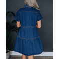 thumbnail image 3 of Women's Button Down Denim Babydoll Dress Lapel Collar Short Sleeve Flowy Tiered Ruffle Jeans Midi Dress, 3 of 4